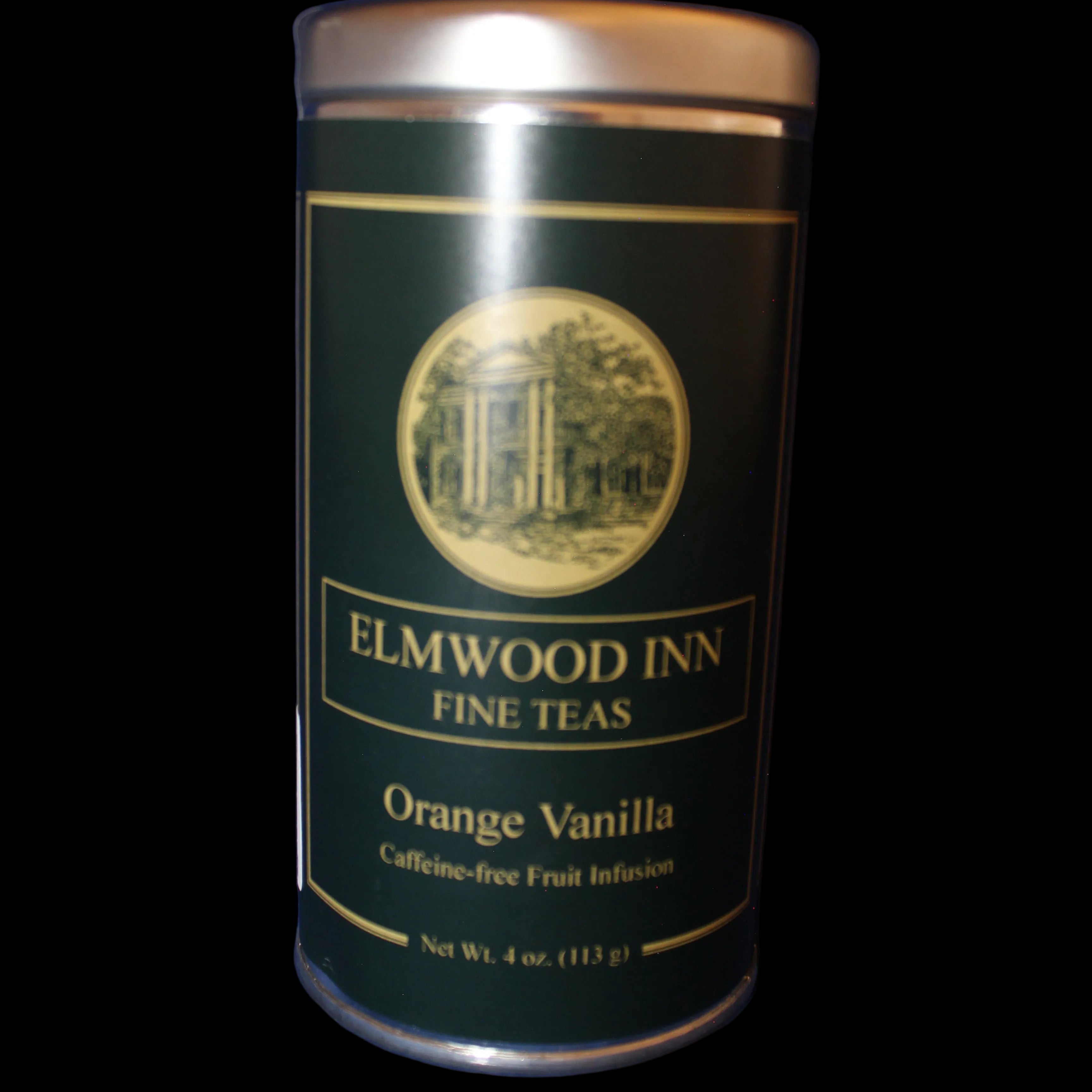 Tea canister with Elmwood Inn Fine Teas label 