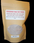 Package of peppermint dark hot cocoa with a label on a dark background