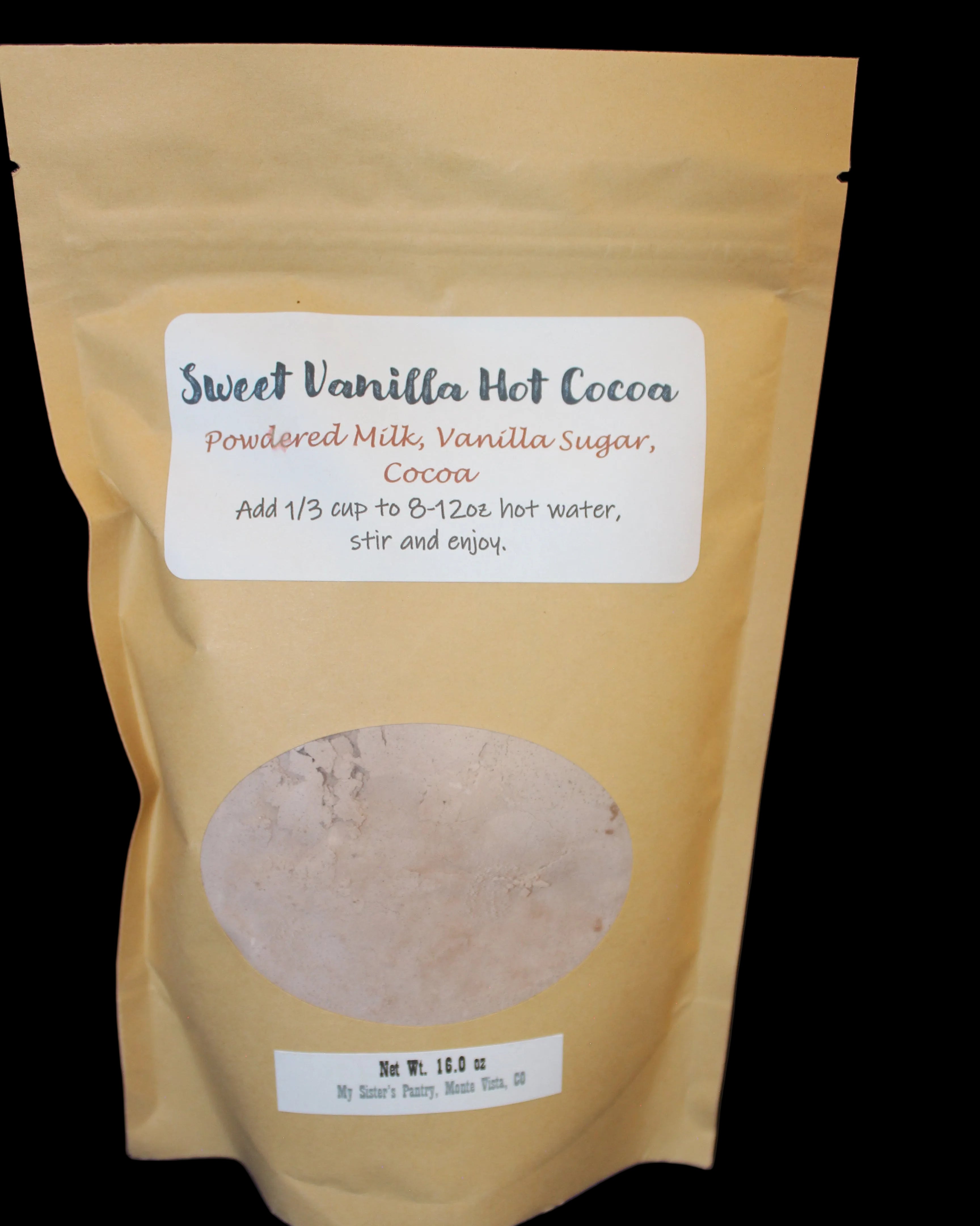 Sweet Vanilla Hot Cocoa with a label