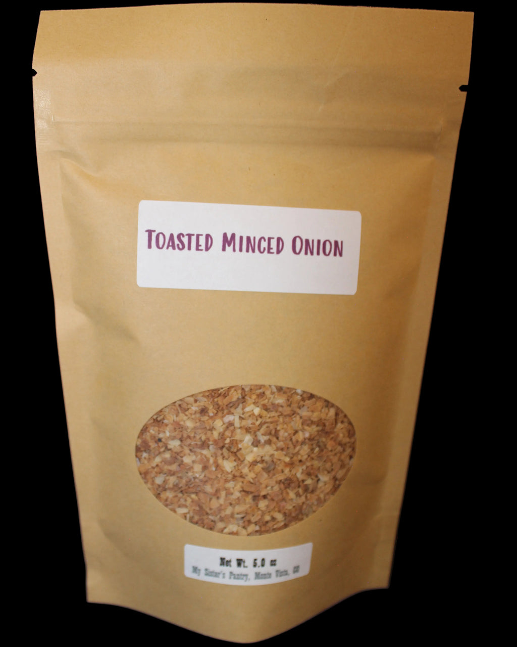 Kraft paper packaging of toasted minced onion with a label