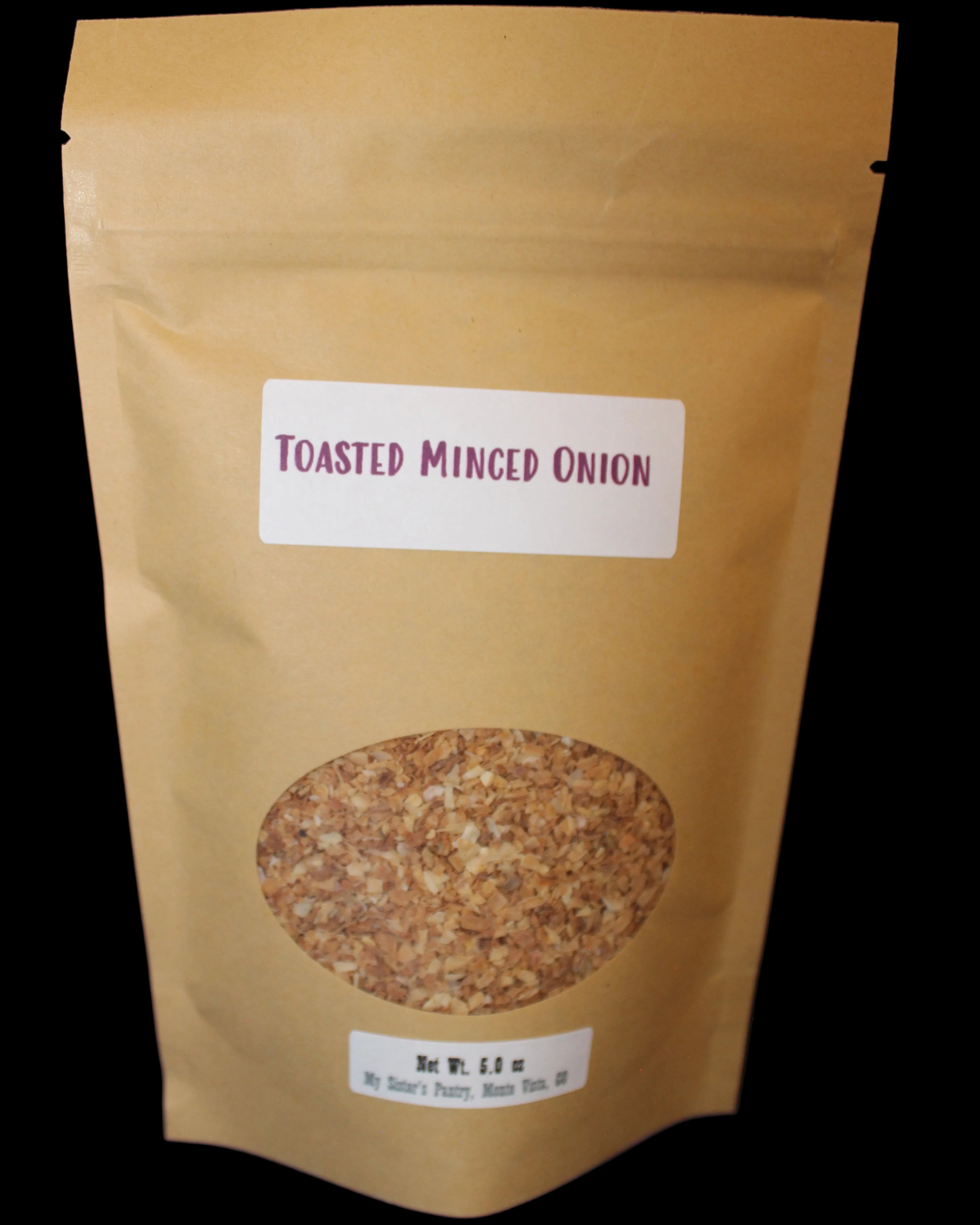 Kraft paper packaging of toasted minced onion with a label