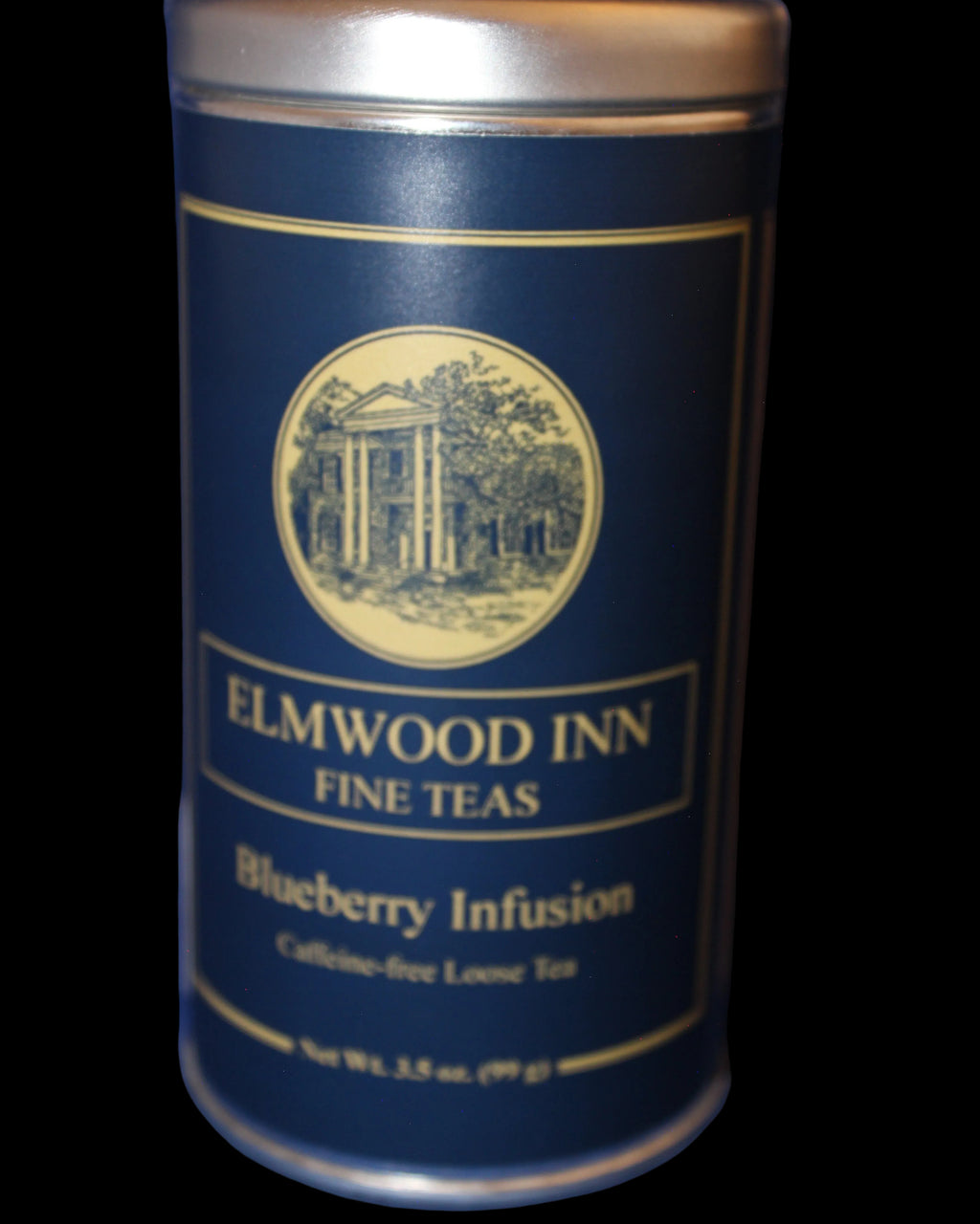 Tea canister labeled 'Elmwood Inn Fine Teas' with blueberry infusion on a blue background