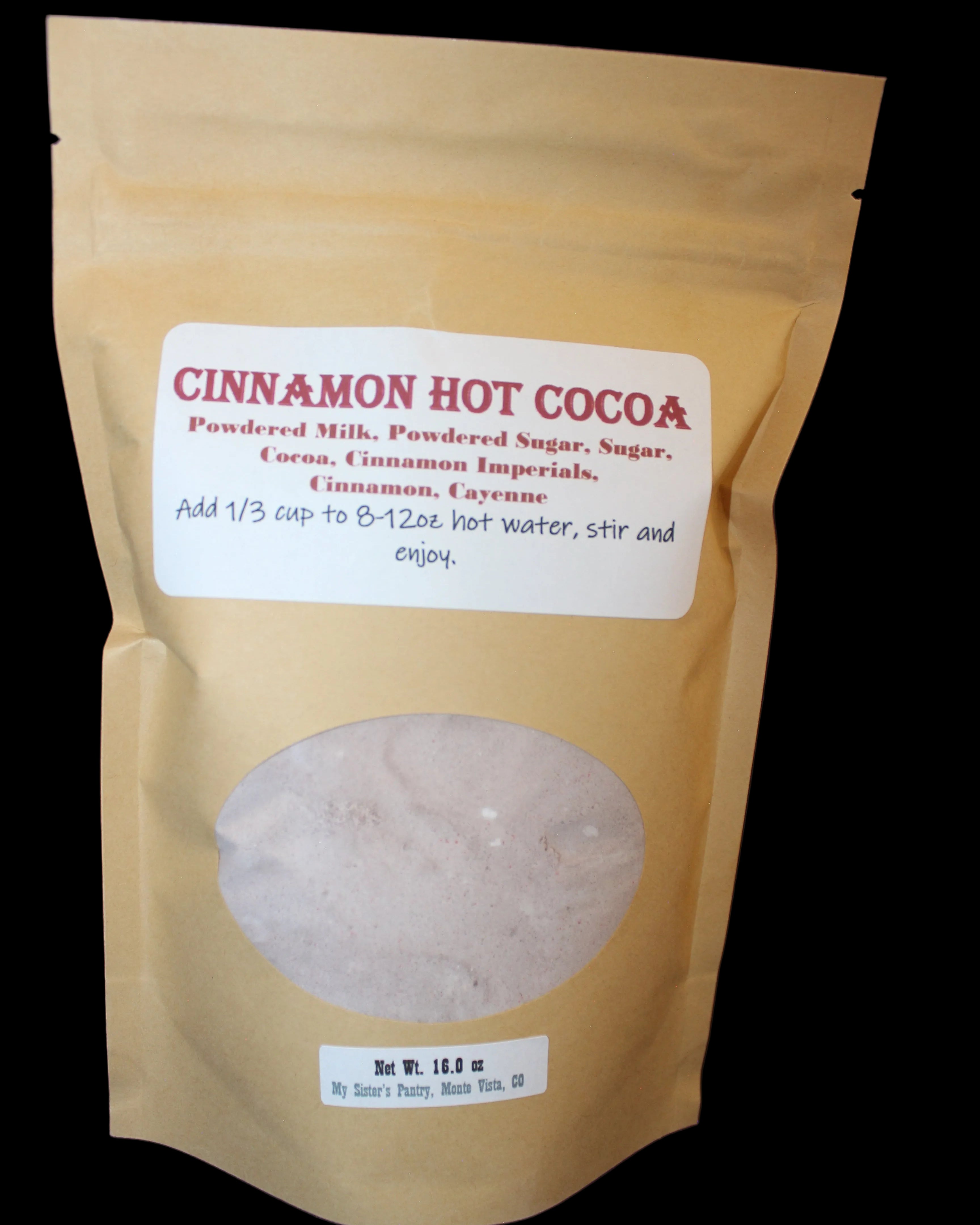 Packaged cinnamon hot cocoa mix with a label