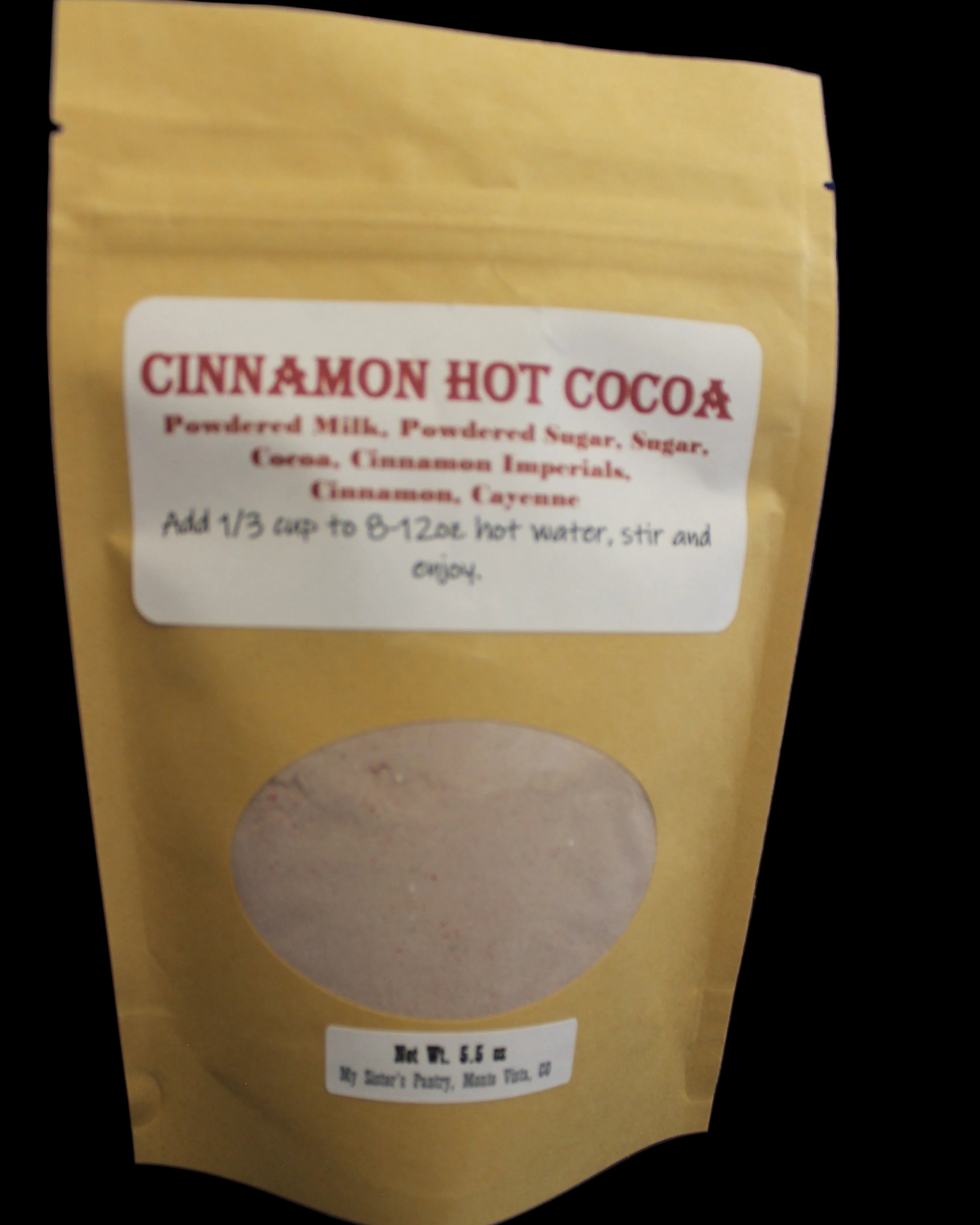 Package of cinnamon hot cocoa with a label