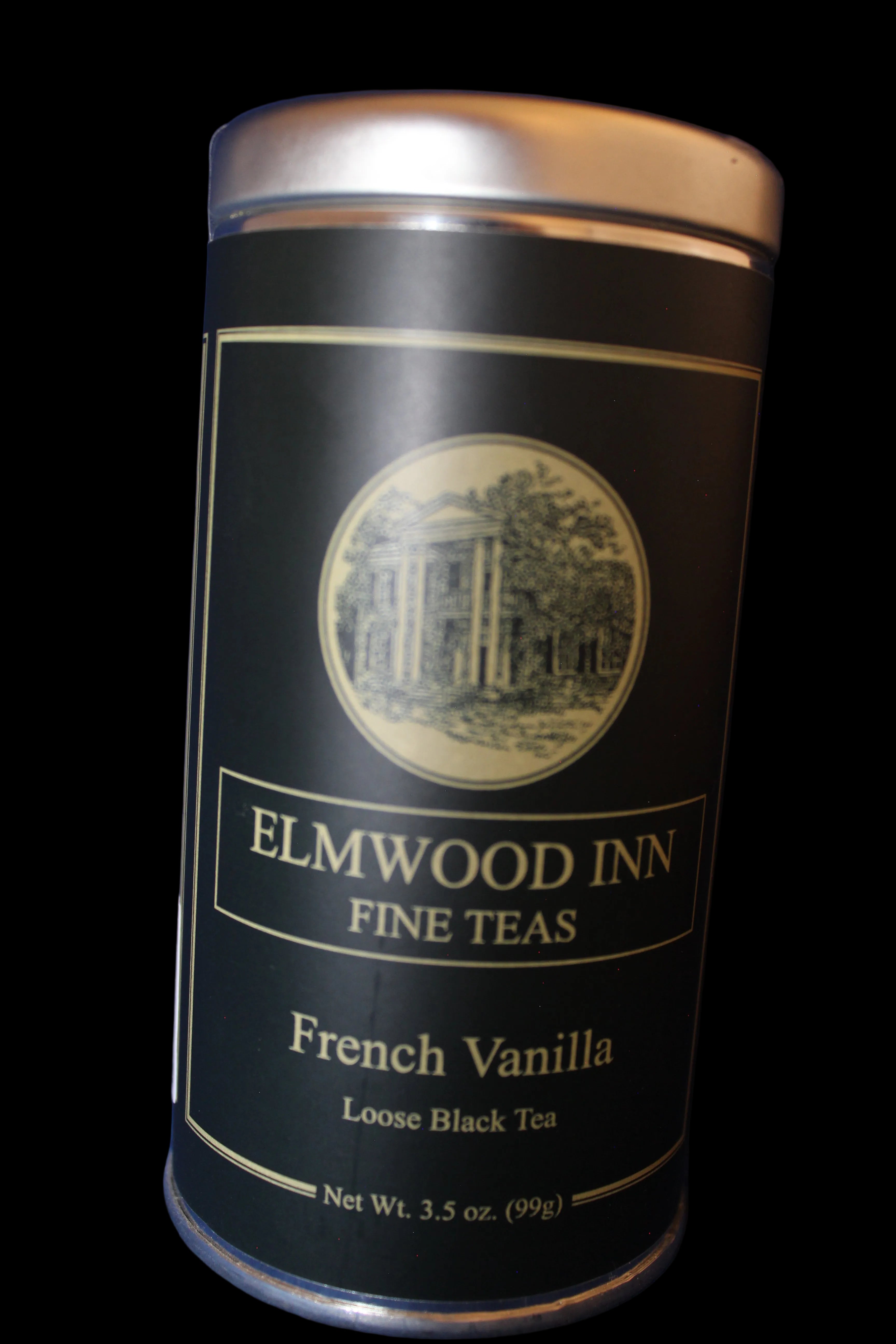 Tea canister labeled 'Elmwood Inn Fine Teas French Vanilla