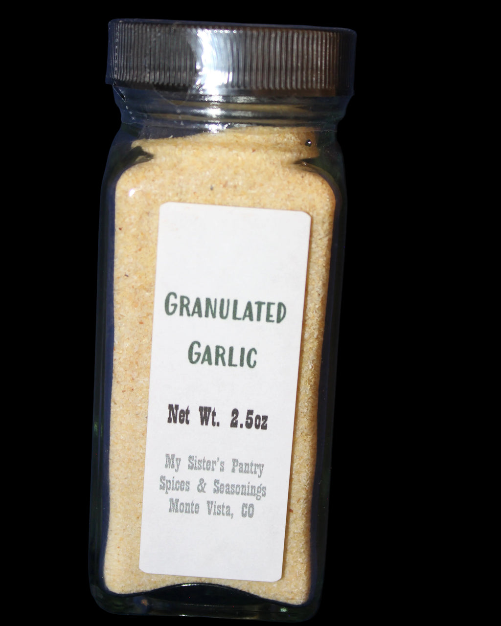 Jar of granulated garlic with a label