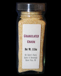 Jar of granulated onion powder with a label