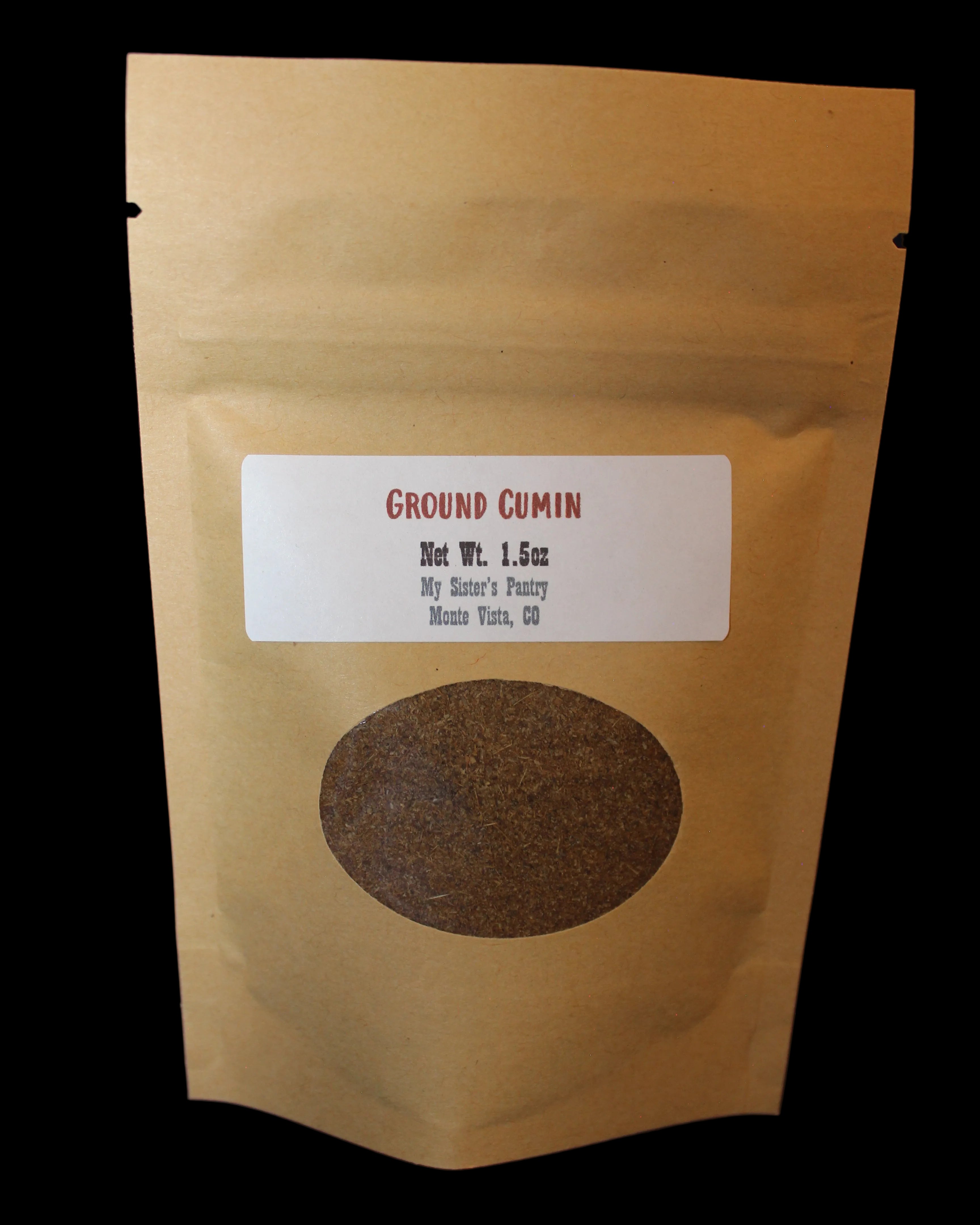 Kraft paper packaging of ground cumin with a label 