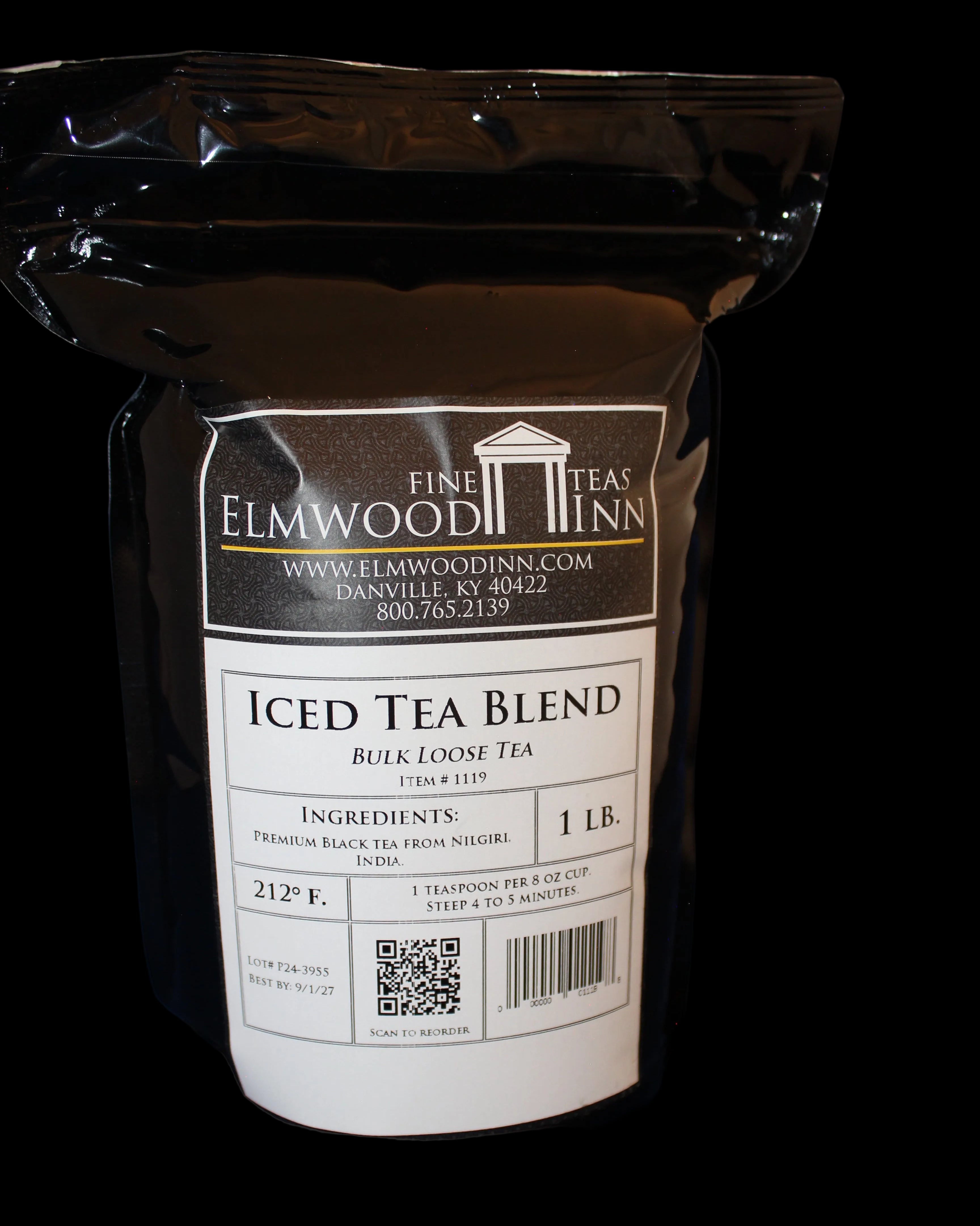 Elmwood Inn iced tea blend package on a dark background