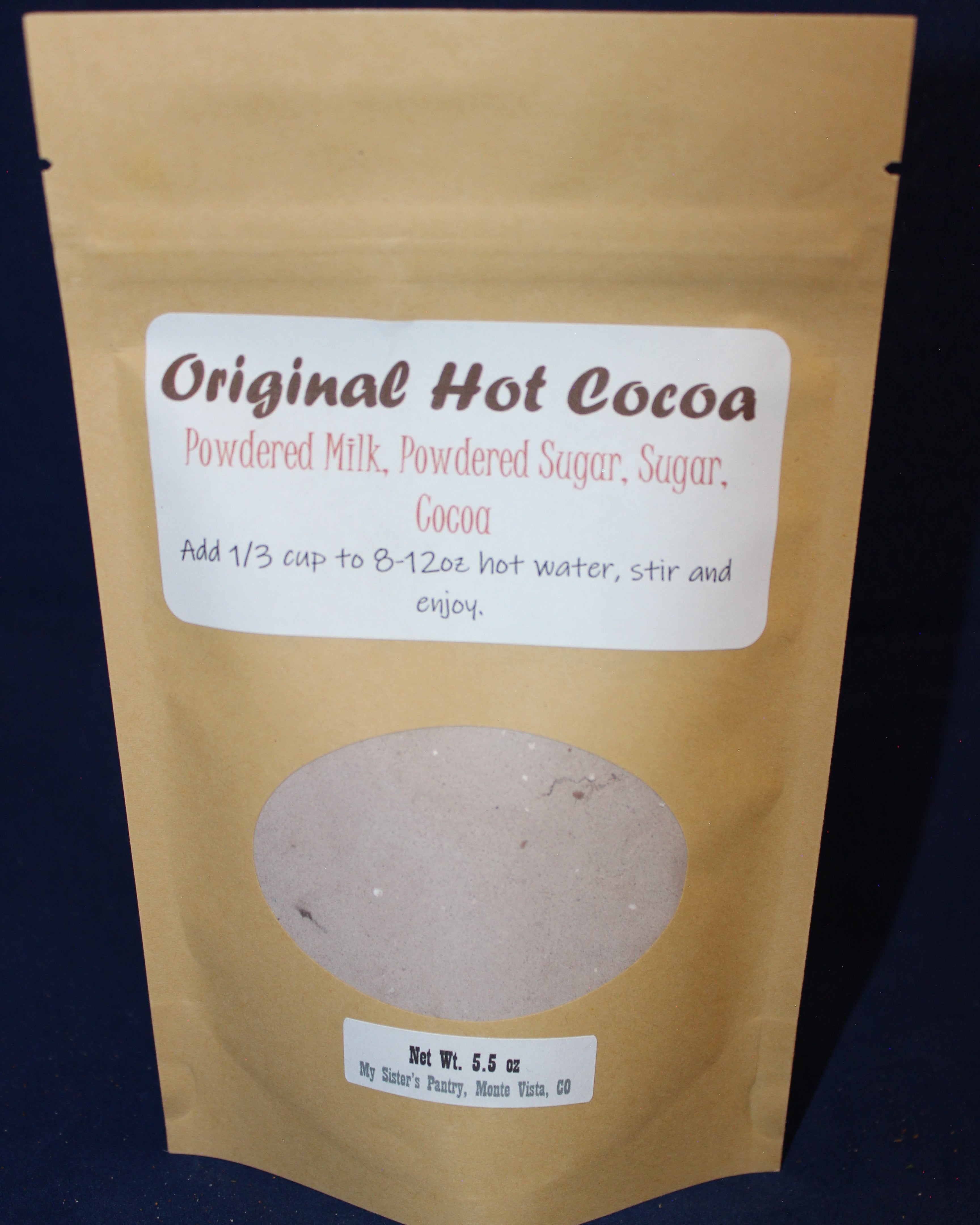 Package of Original Hot Cocoa with a label on a dark background