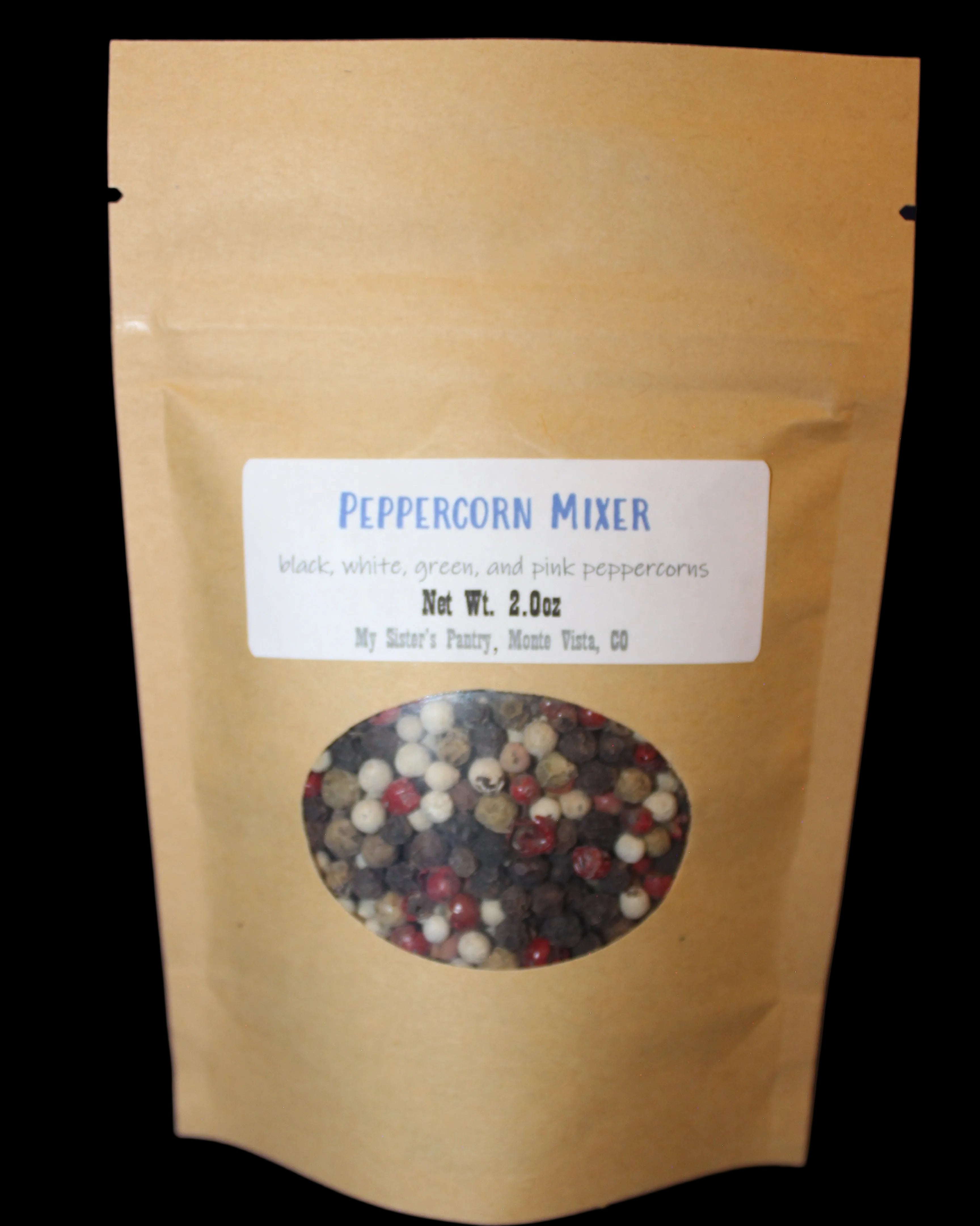 Kraft paper packaging of a peppercorn mixer with a label