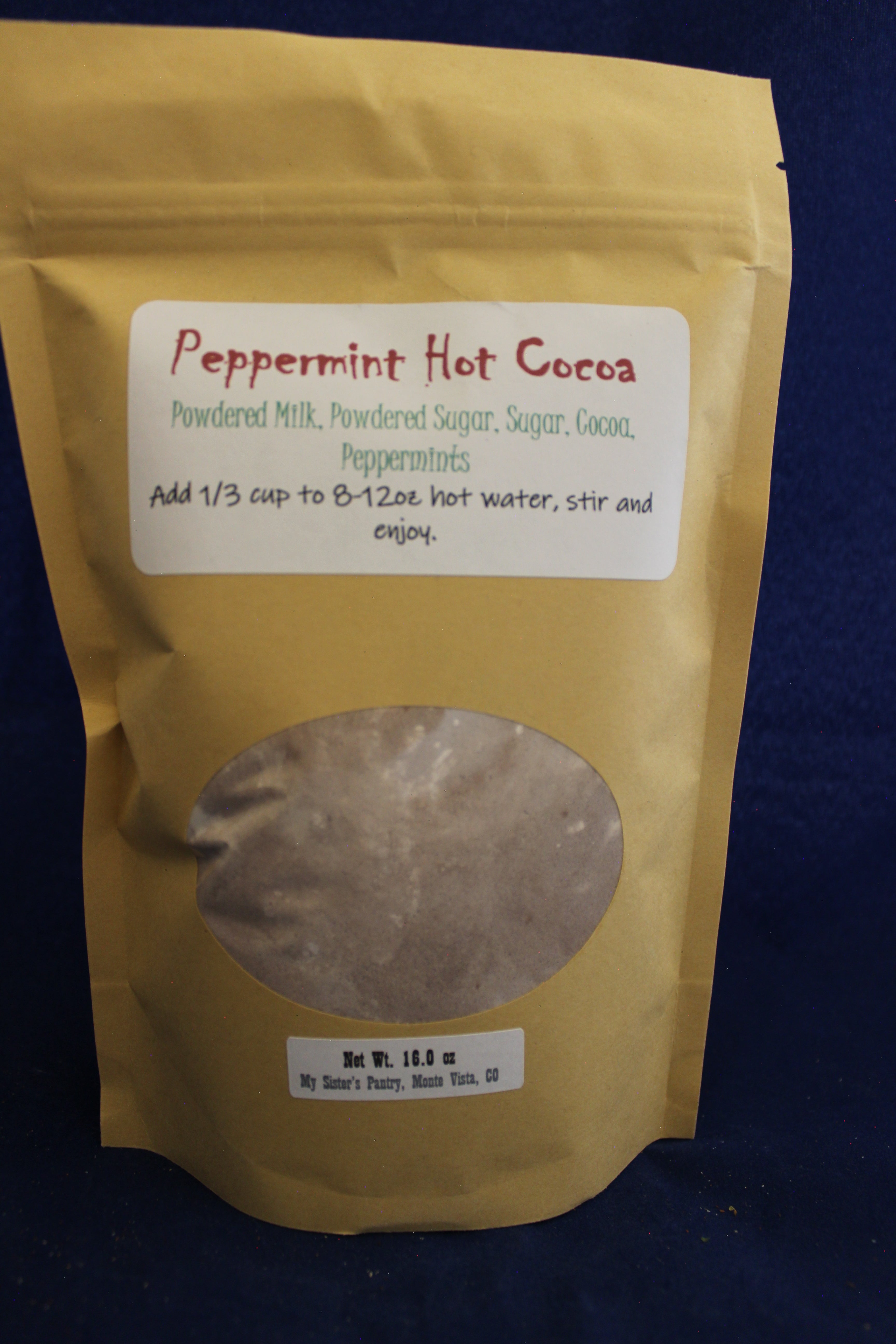 package of peppermint hot cocoa with a label