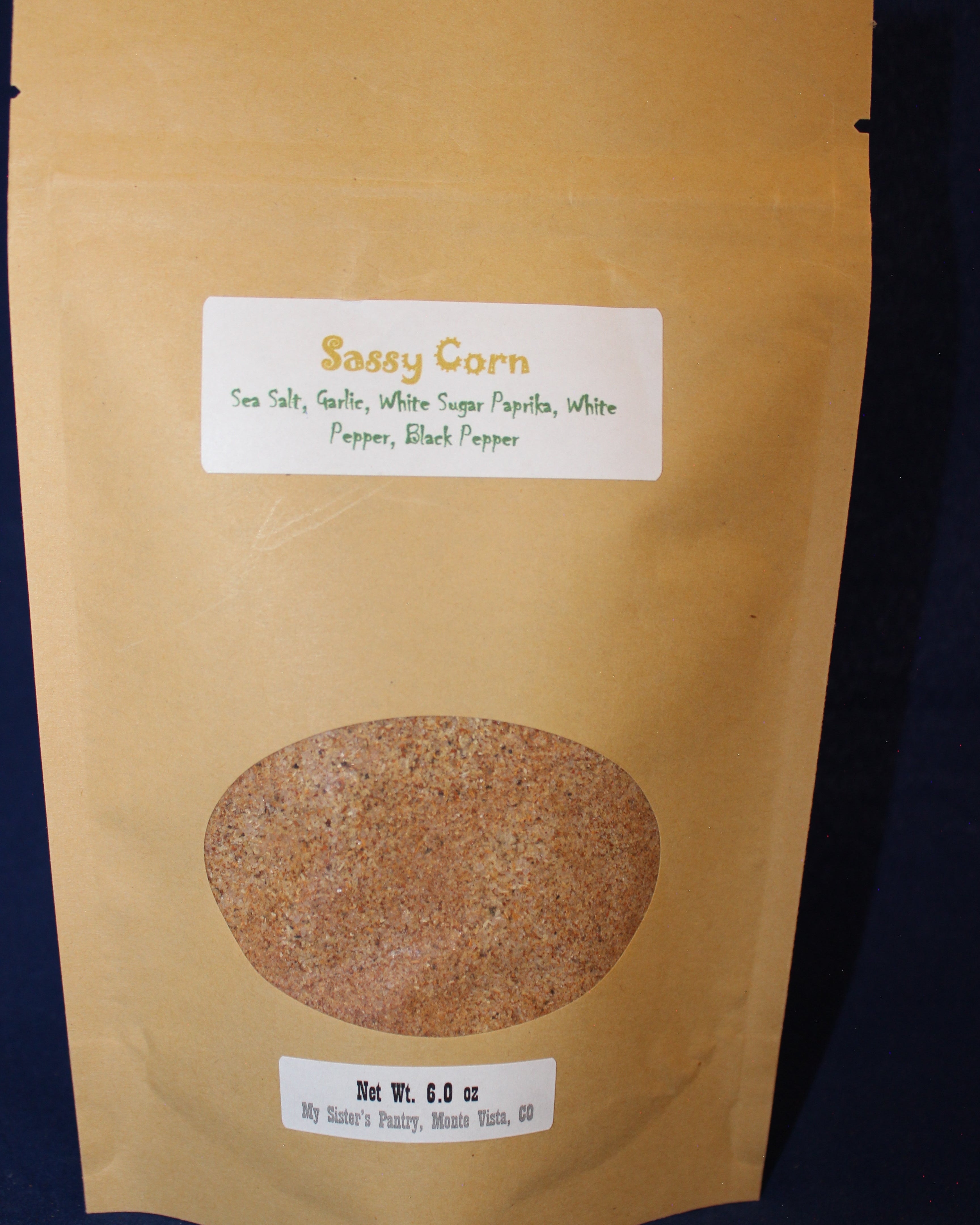 Kraft paper bag with a label for 'Sassy Corn' 