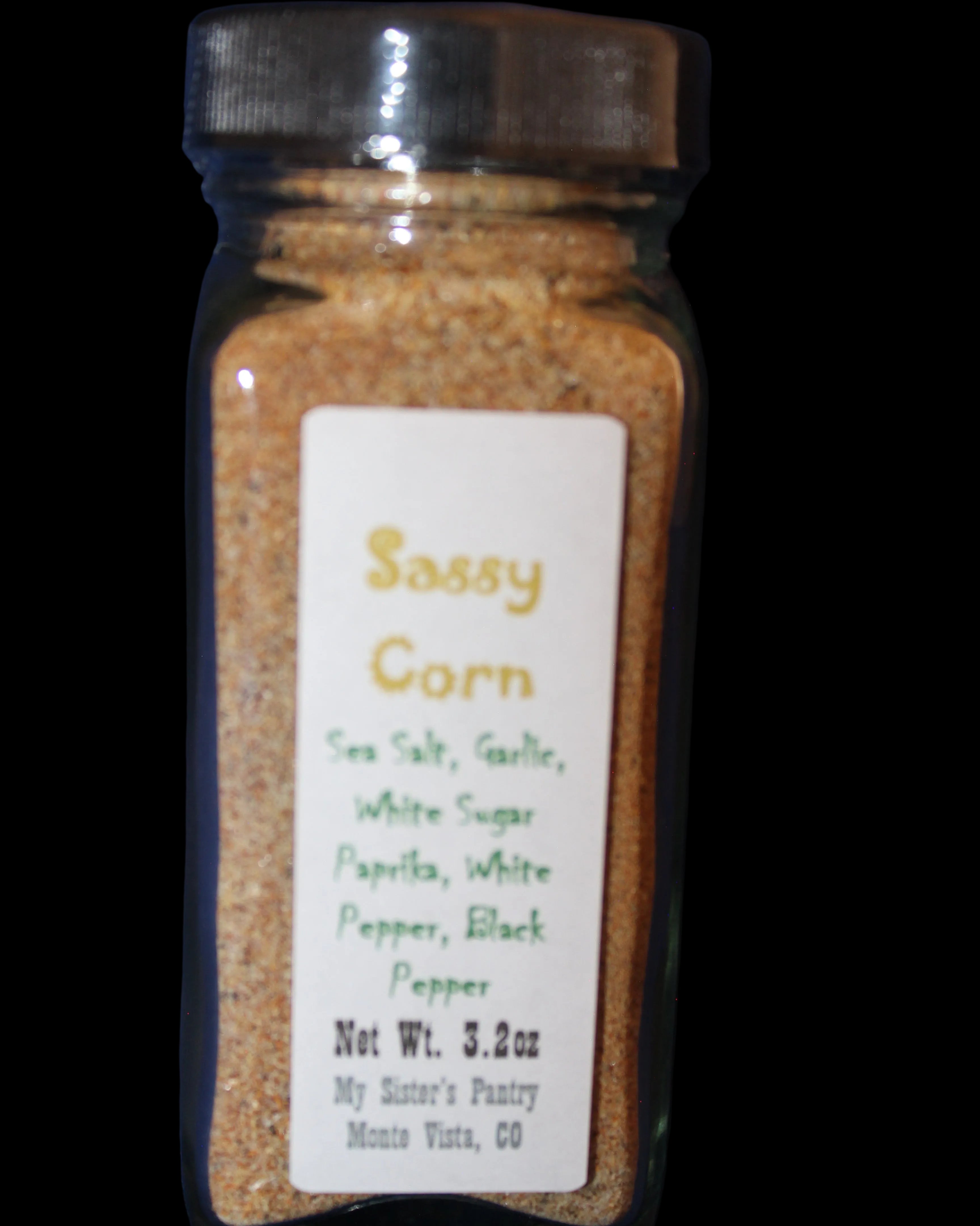 Jar of 'Sassy Corn' seasoning with a label